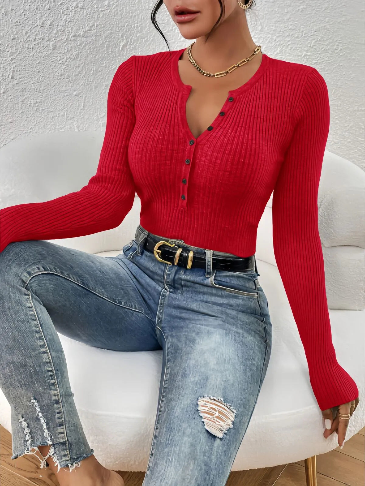 Plain Button Front Ribbed Knitting Notched Sweater Elegant Chic Basic Casual Slim Fit Knitwear