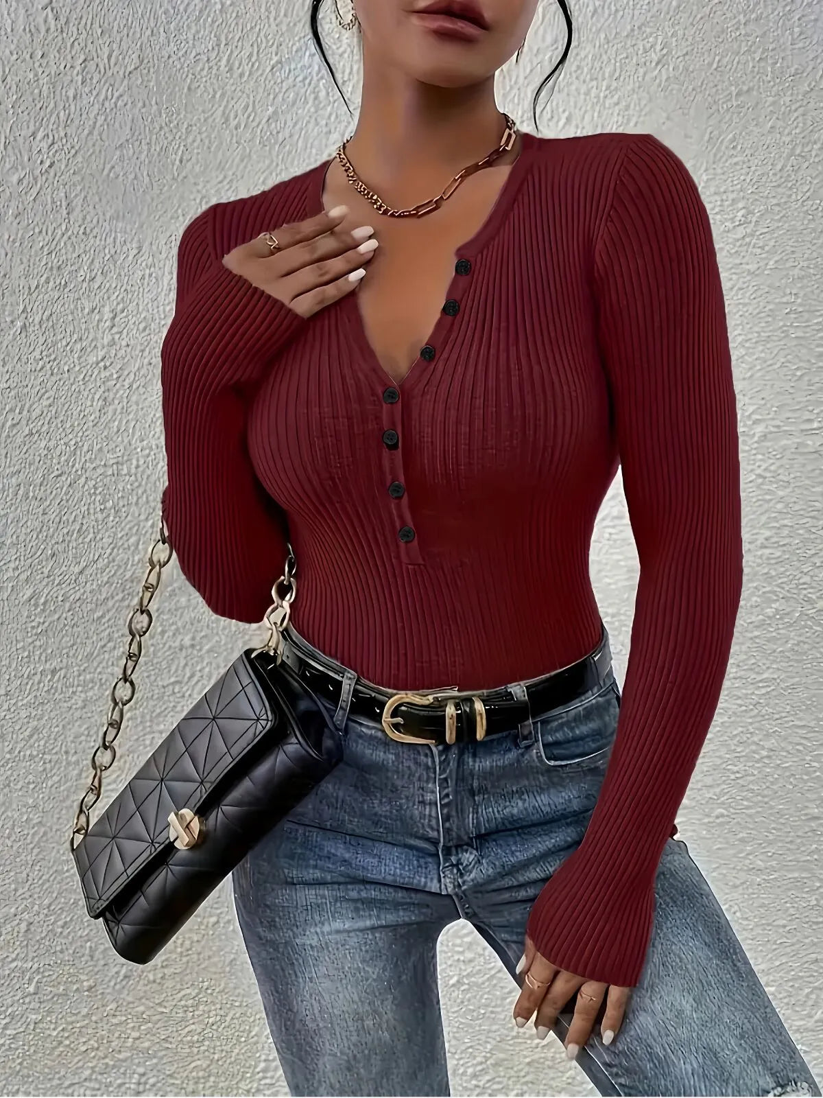 Plain Button Front Ribbed Knitting Notched Sweater Elegant Chic Basic Casual Slim Fit Knitwear