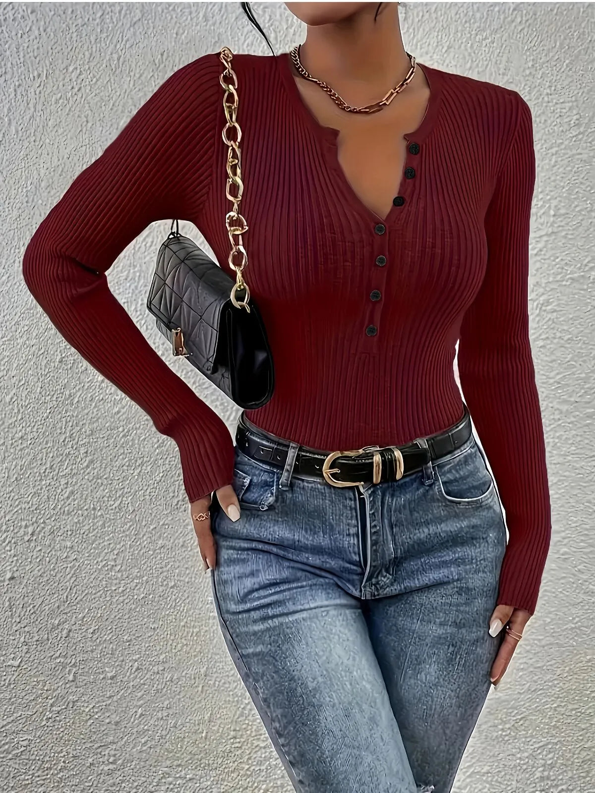 Plain Button Front Ribbed Knitting Notched Sweater Elegant Chic Basic Casual Slim Fit Knitwear