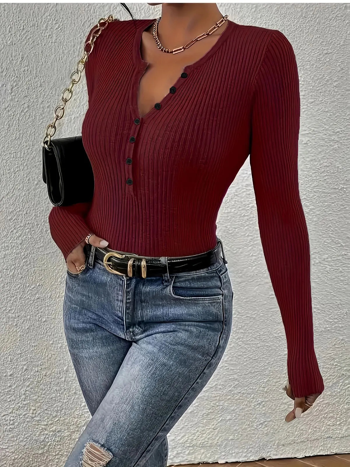 Plain Button Front Ribbed Knitting Notched Sweater Elegant Chic Basic Casual Slim Fit Knitwear