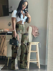 Camo Hollow Out Baggy Medium Rise Straight Leg Pants