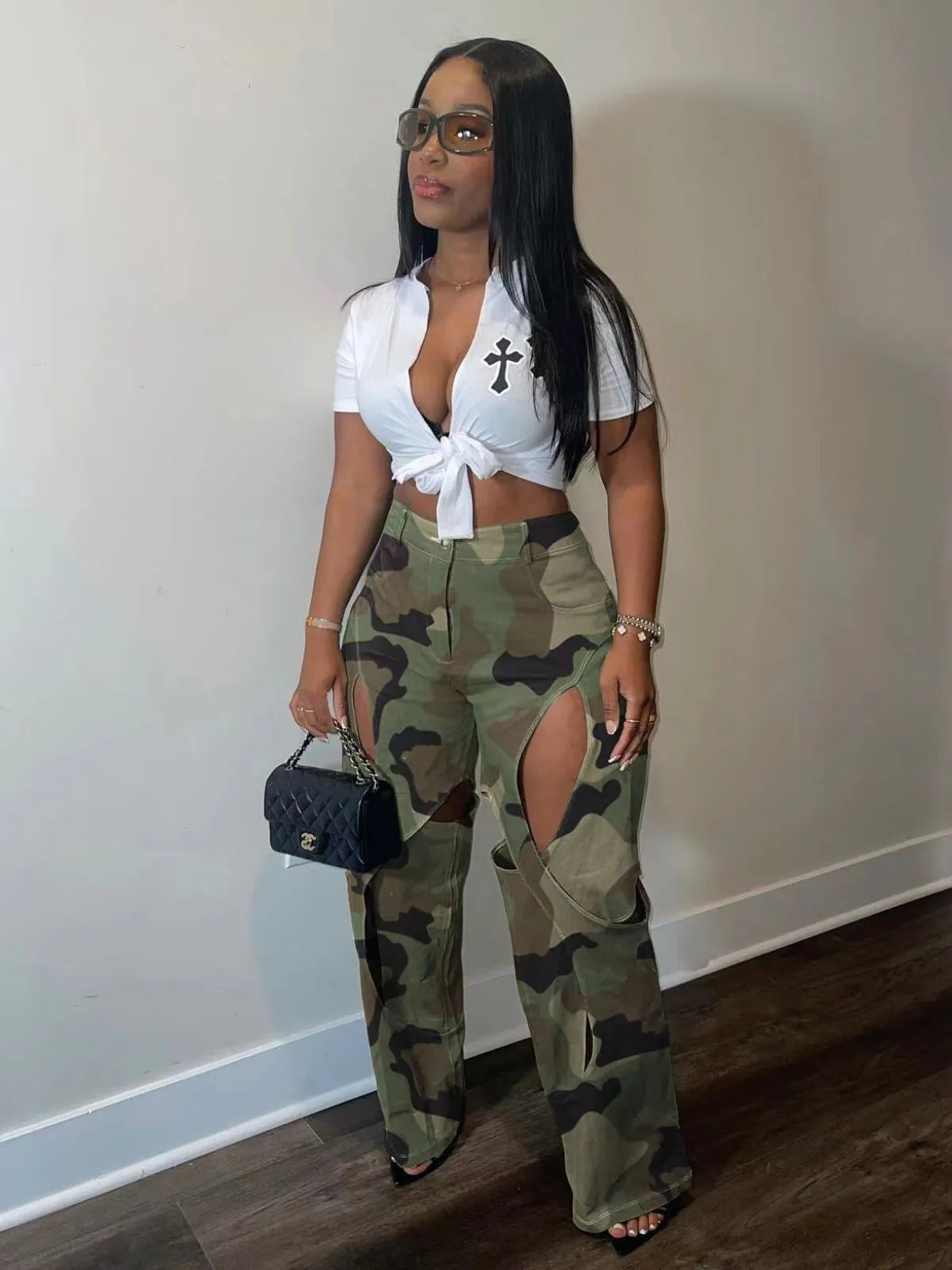 Camo Hollow Out Baggy Medium Rise Straight Leg Pants