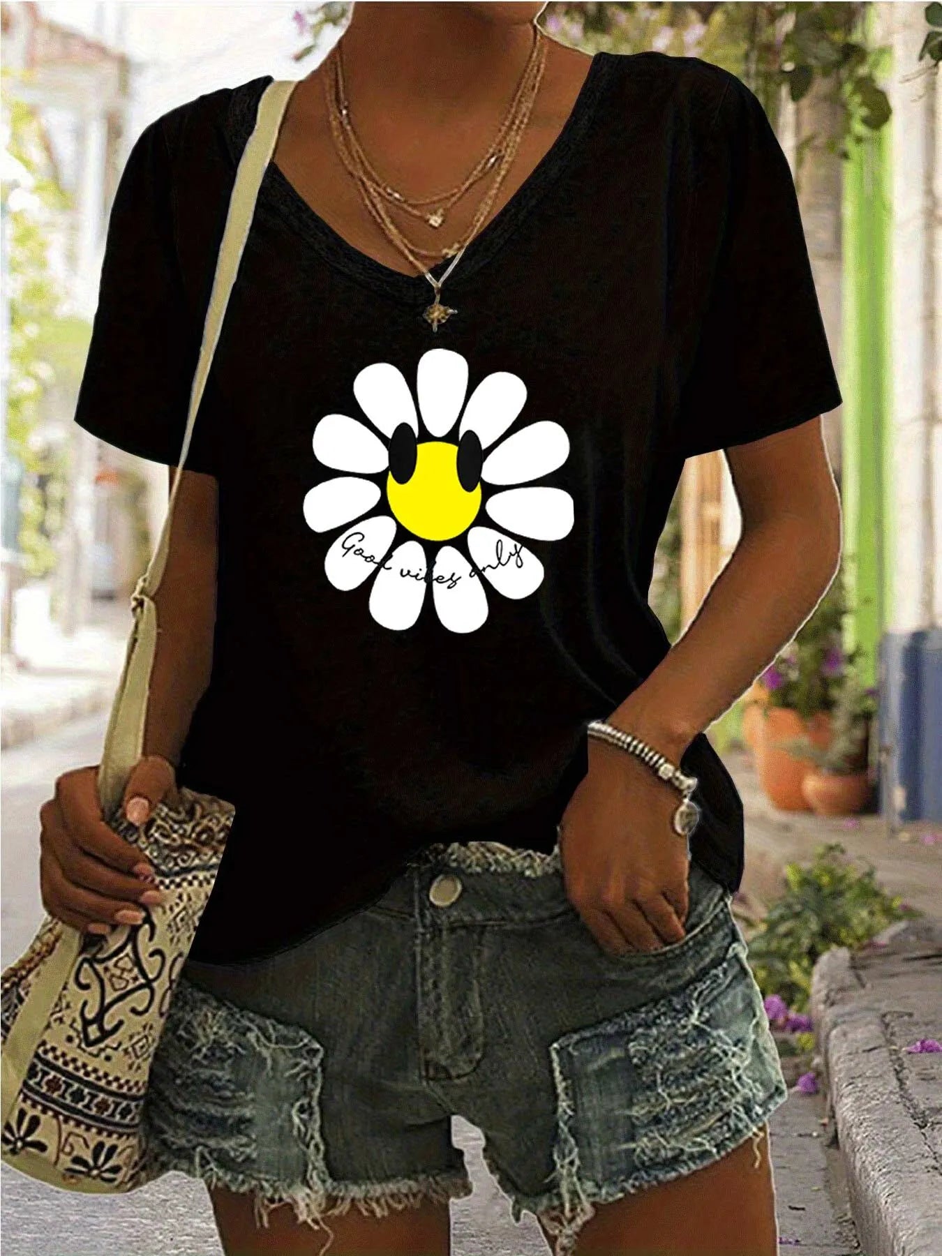 Cartoon V-neck Regular T-shirt
