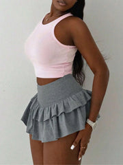 Casual Basic Double Layered Ruffle Hem Low Waist Mini Skorts