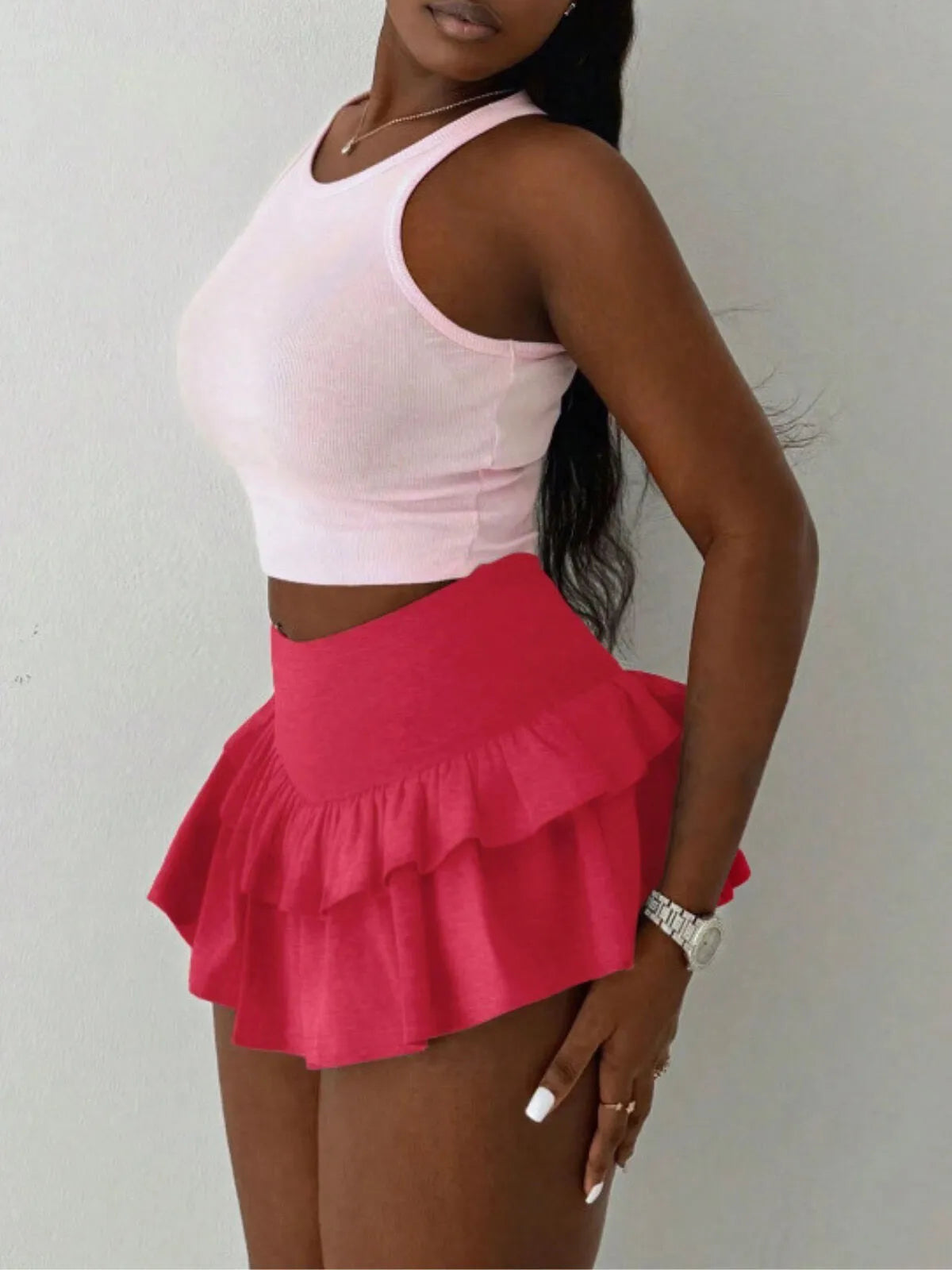 Casual Basic Double Layered Ruffle Hem Low Waist Mini Skorts