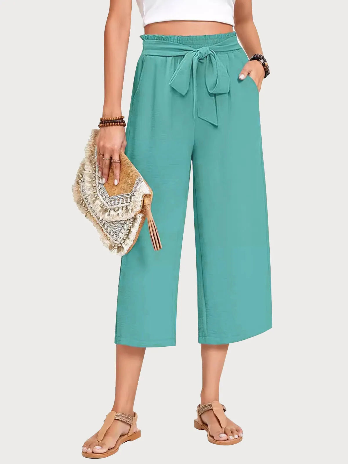 Casual Linen Cropped High Waist Capri Palazzo Pants