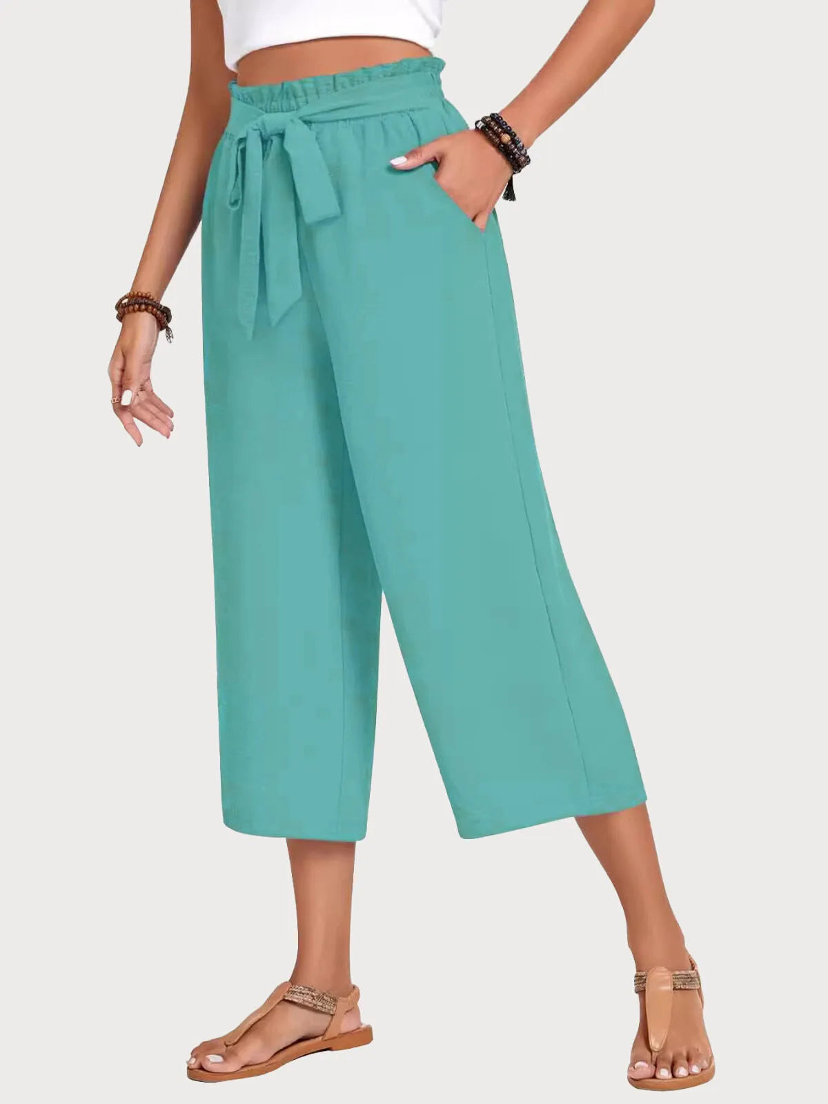 Casual Linen Cropped High Waist Capri Palazzo Pants