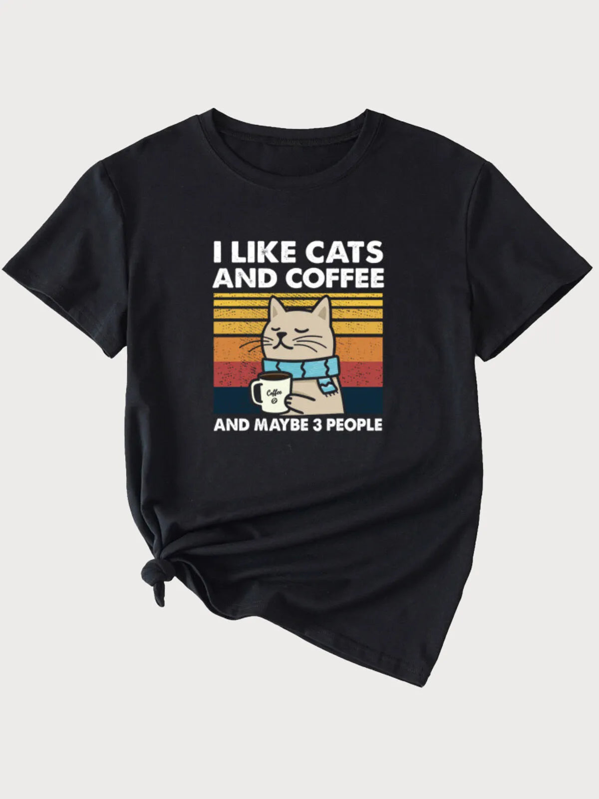 Cat Print Round Neck I Like Cats And Coffee T-shirt