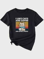 Cat Print Round Neck I Like Cats And Coffee T-shirt