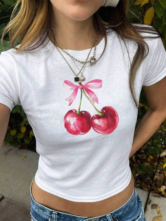 Cherry Fruit Print Round Neck T-shirt 1200