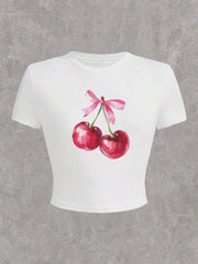 Cherry Fruit Print Round Neck T-shirt