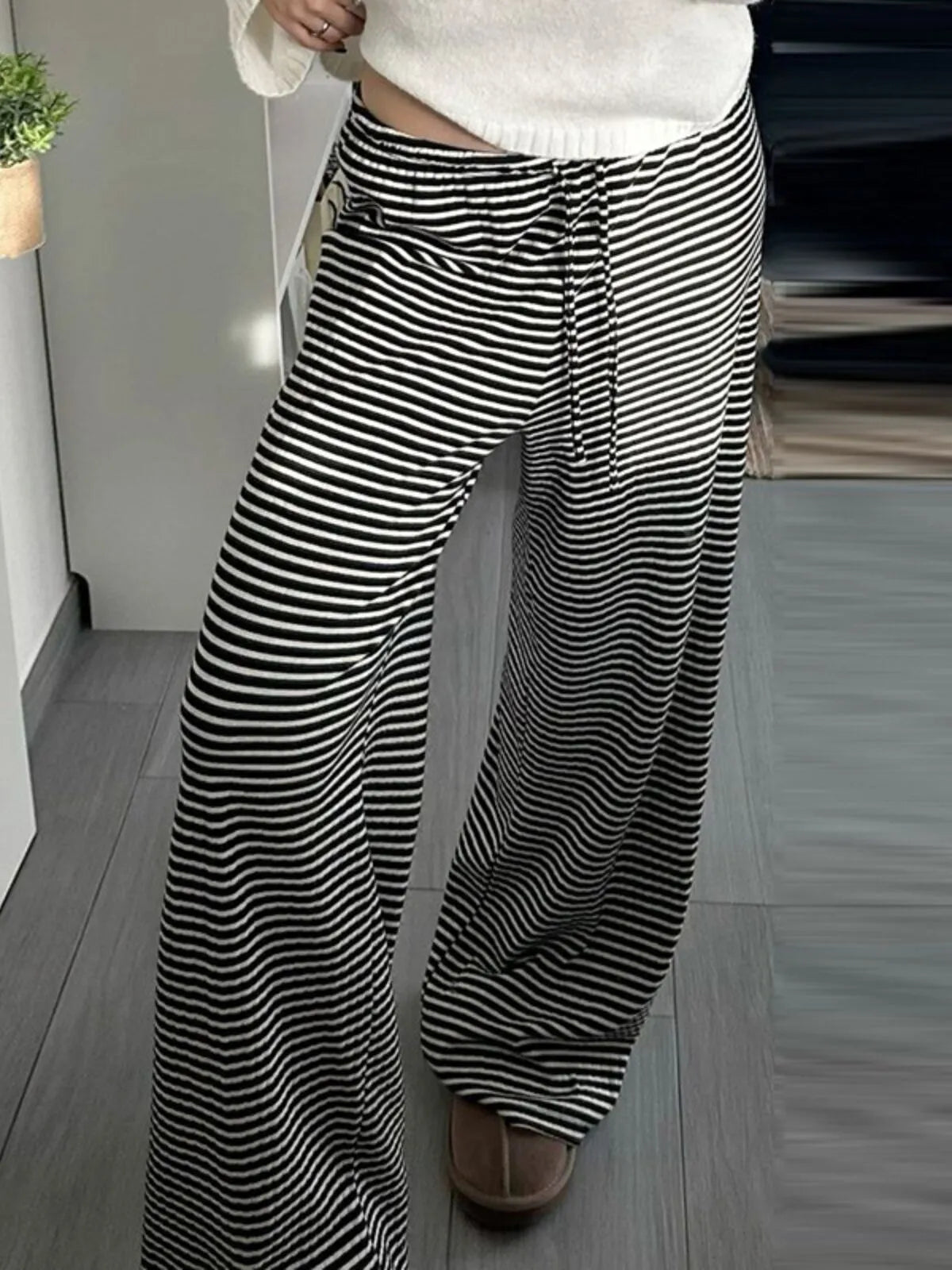 Chic Casual Fitted Comfy Striped Print Daily Wear Low Rise Palazzo Pants
