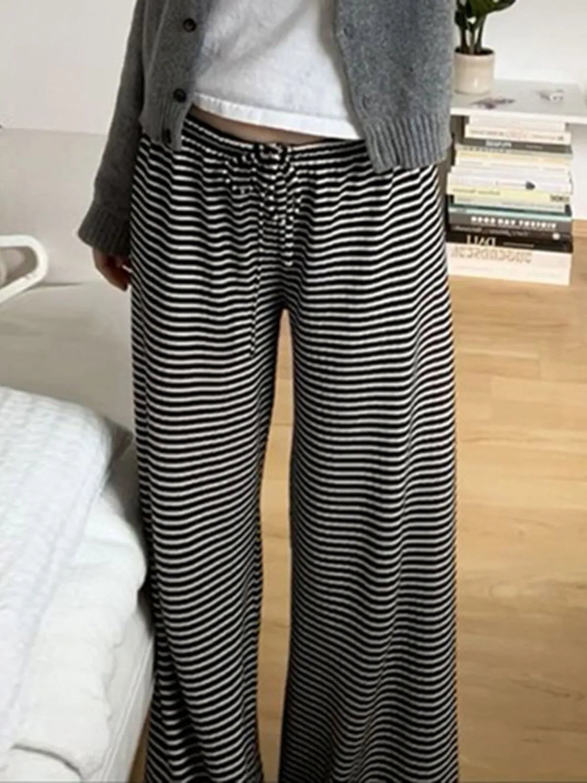 Chic Casual Fitted Comfy Striped Print Daily Wear Low Rise Palazzo Pants