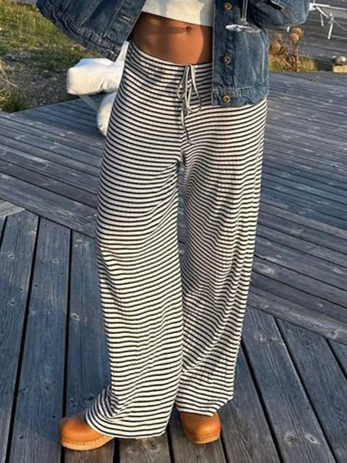 Chic Casual Fitted Comfy Striped Print Daily Wear Low Rise Palazzo Pants