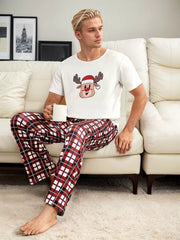 Christmas Elk Graphic Regular Short Sleeves T-shirt & Gingham Plaid Pants