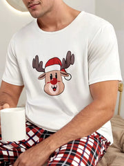 Christmas Elk Graphic Regular Short Sleeves T-shirt & Gingham Plaid Pants