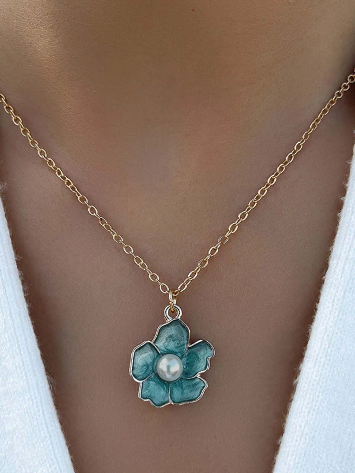 Cobalt Statement Flower Pearl Accent Zinc Alloy Necklace