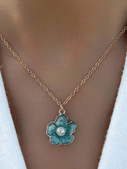 Cobalt Statement Flower Pearl Accent Zinc Alloy Necklace