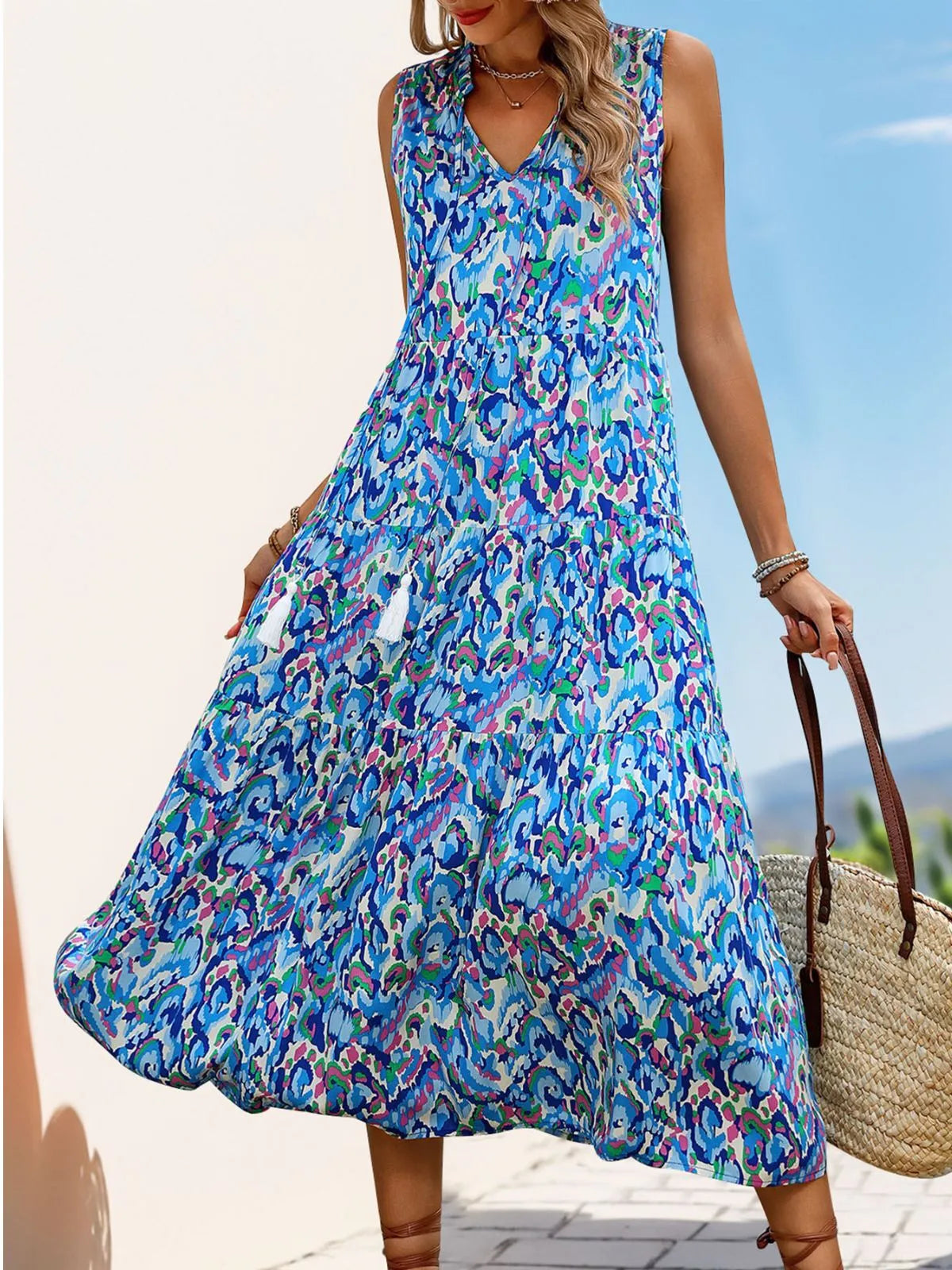Colorblock Fringe V-neck A-line Dress