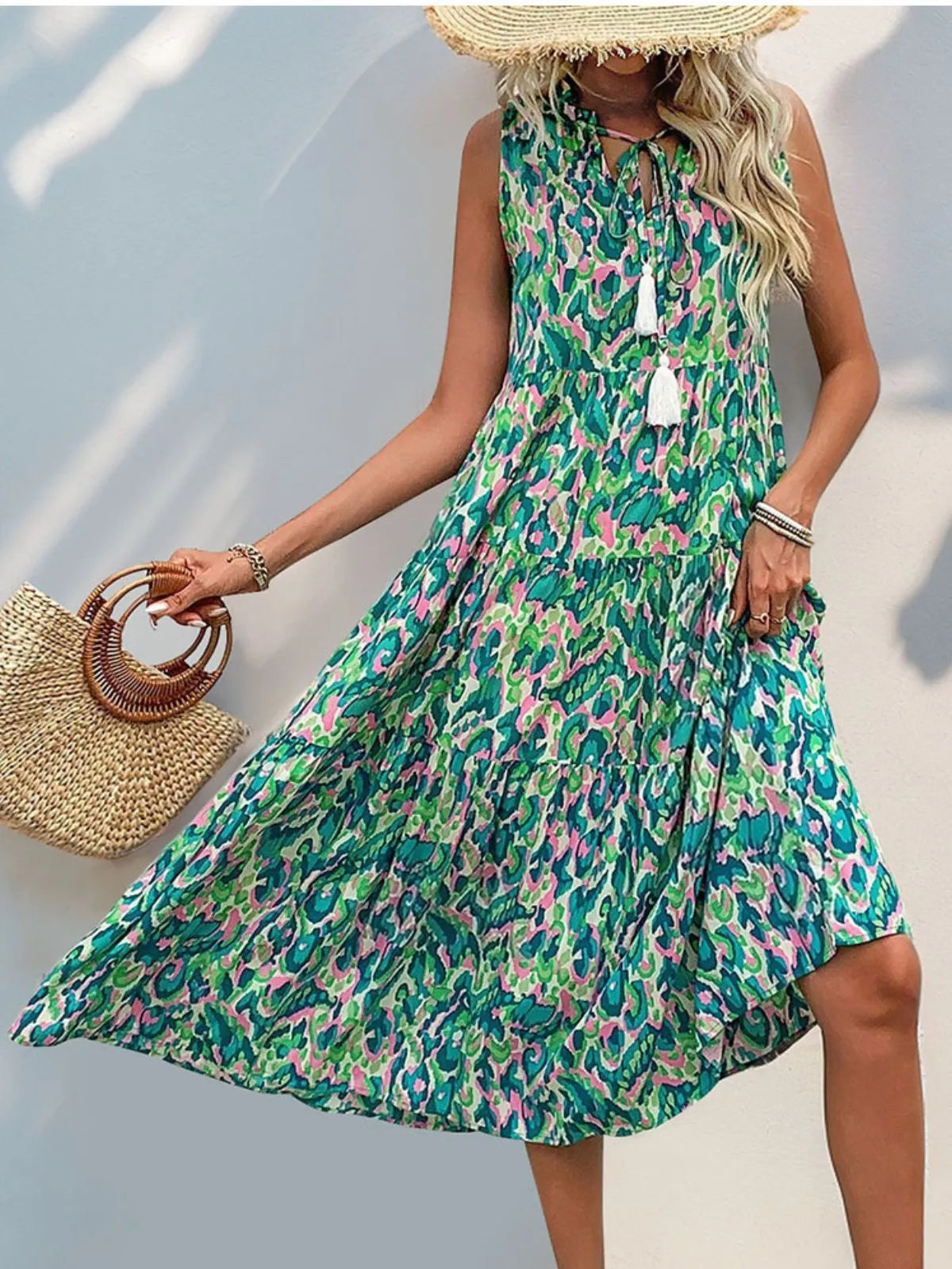 Colorblock Fringe V-neck A-line Dress