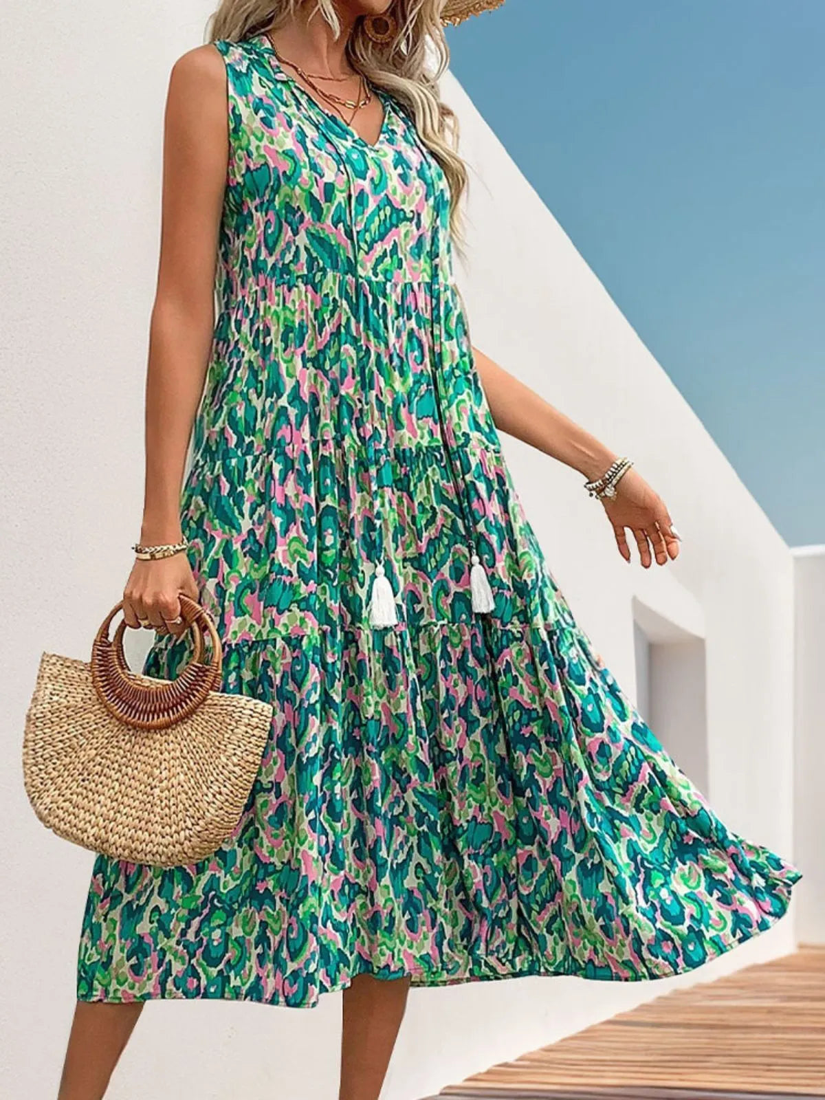 Colorblock Fringe V-neck A-line Dress