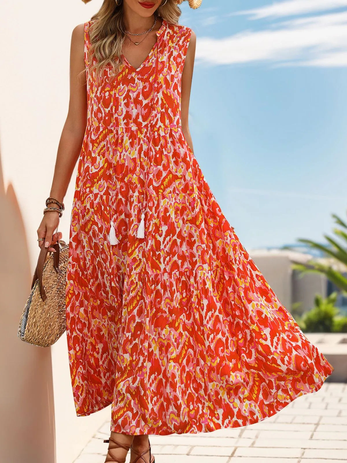 Colorblock Fringe V-neck A-line Dress