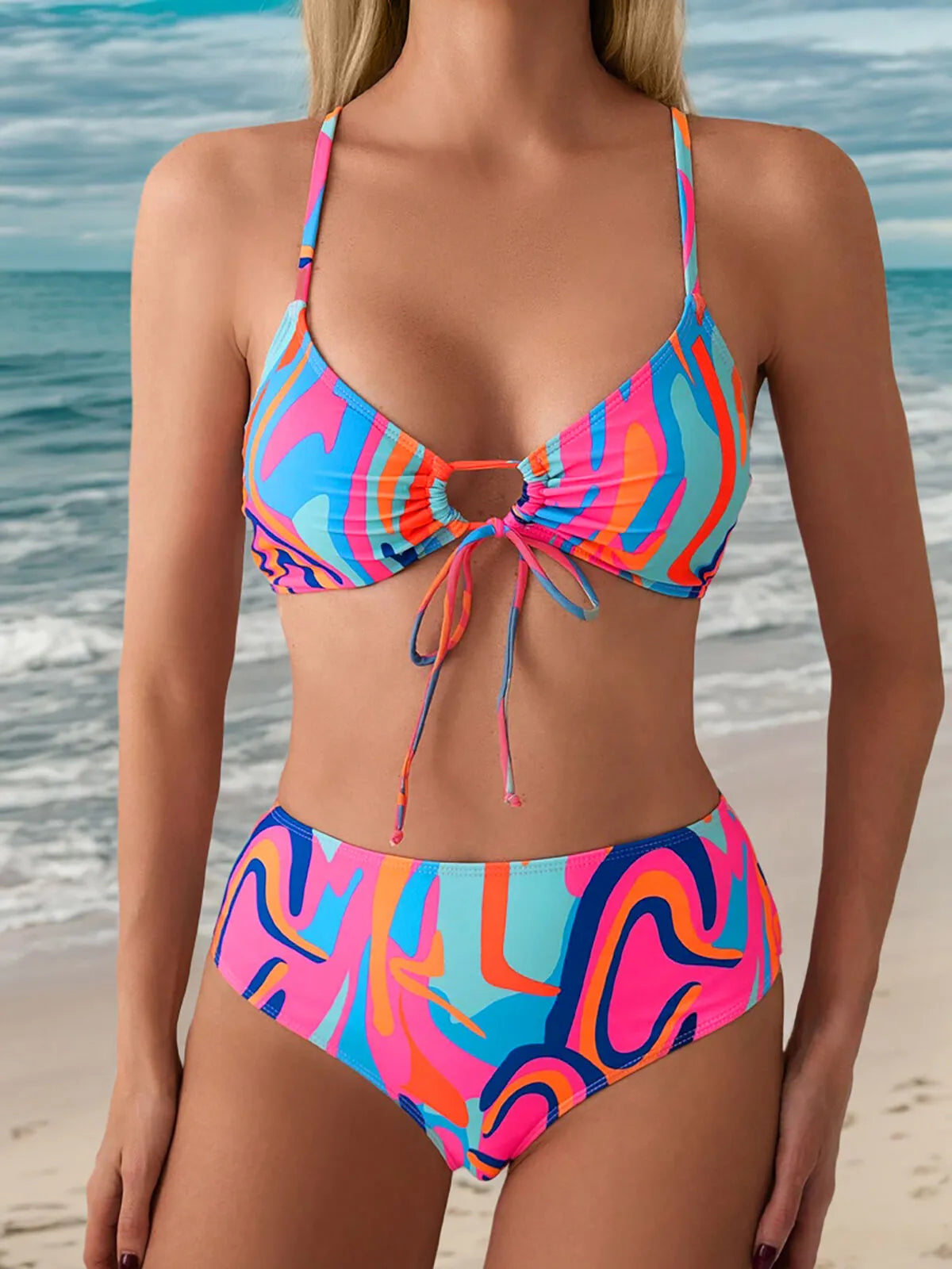 Colorblock Knot High Rise Spaghetti Strap Bikini