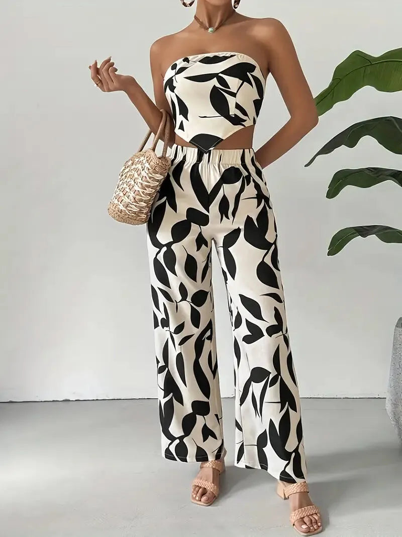 Colorblock Lace-up Strapless Crop Top & Colorblock Palazzo Pants