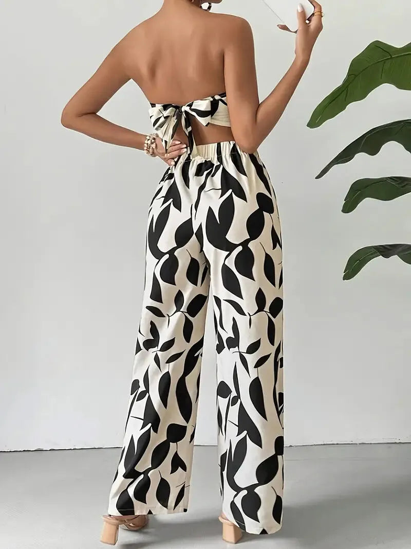 Colorblock Lace-up Strapless Crop Top & Colorblock Palazzo Pants
