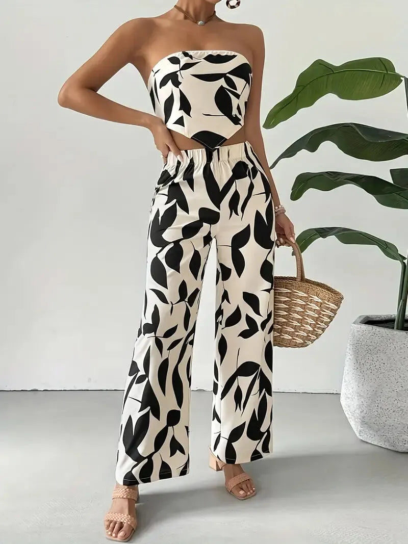 Colorblock Lace-up Strapless Crop Top & Colorblock Palazzo Pants