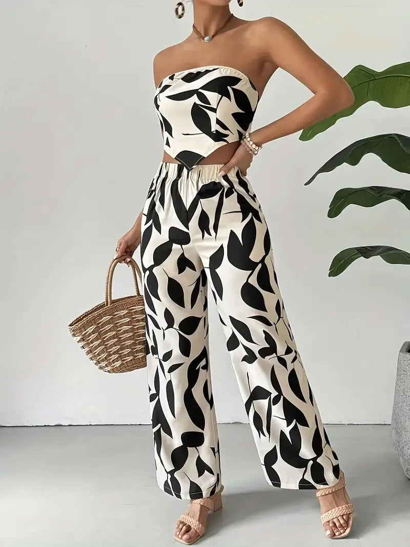 Colorblock Lace-up Strapless Crop Top & Colorblock Palazzo Pants
