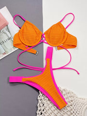 Colorblock Patchwork Low Rise Spaghetti Strap Bikini 