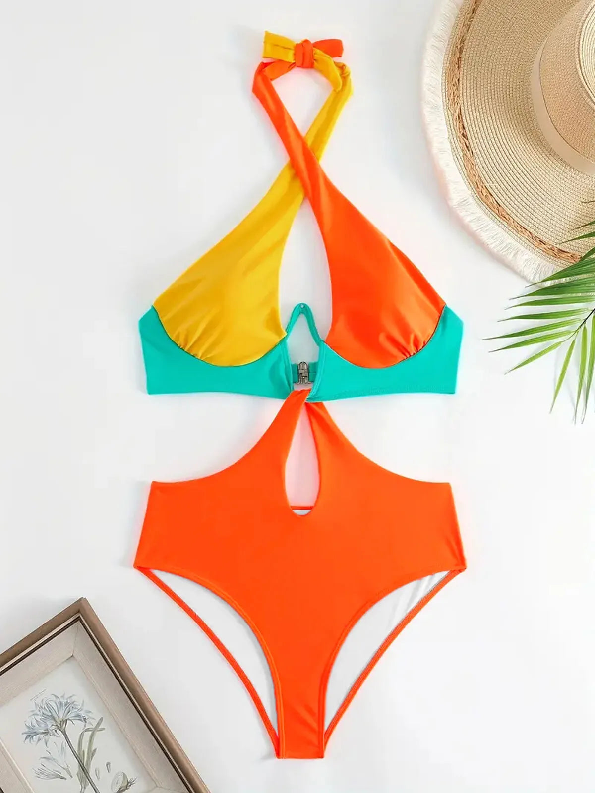 Colorblock Patchwork Halter One-piece 