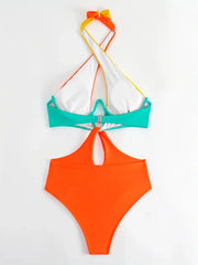 Colorblock Patchwork Halter One-piece 