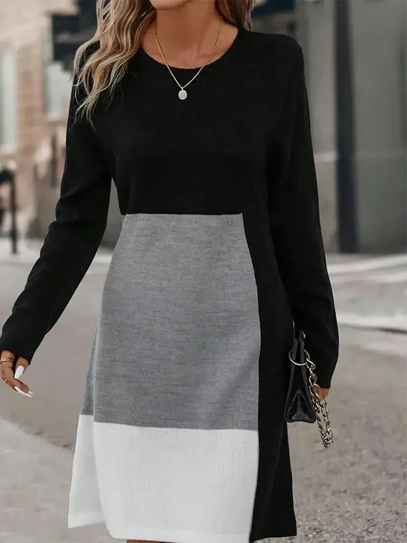 Colorblock Patchwork Round Neck A-line Dress