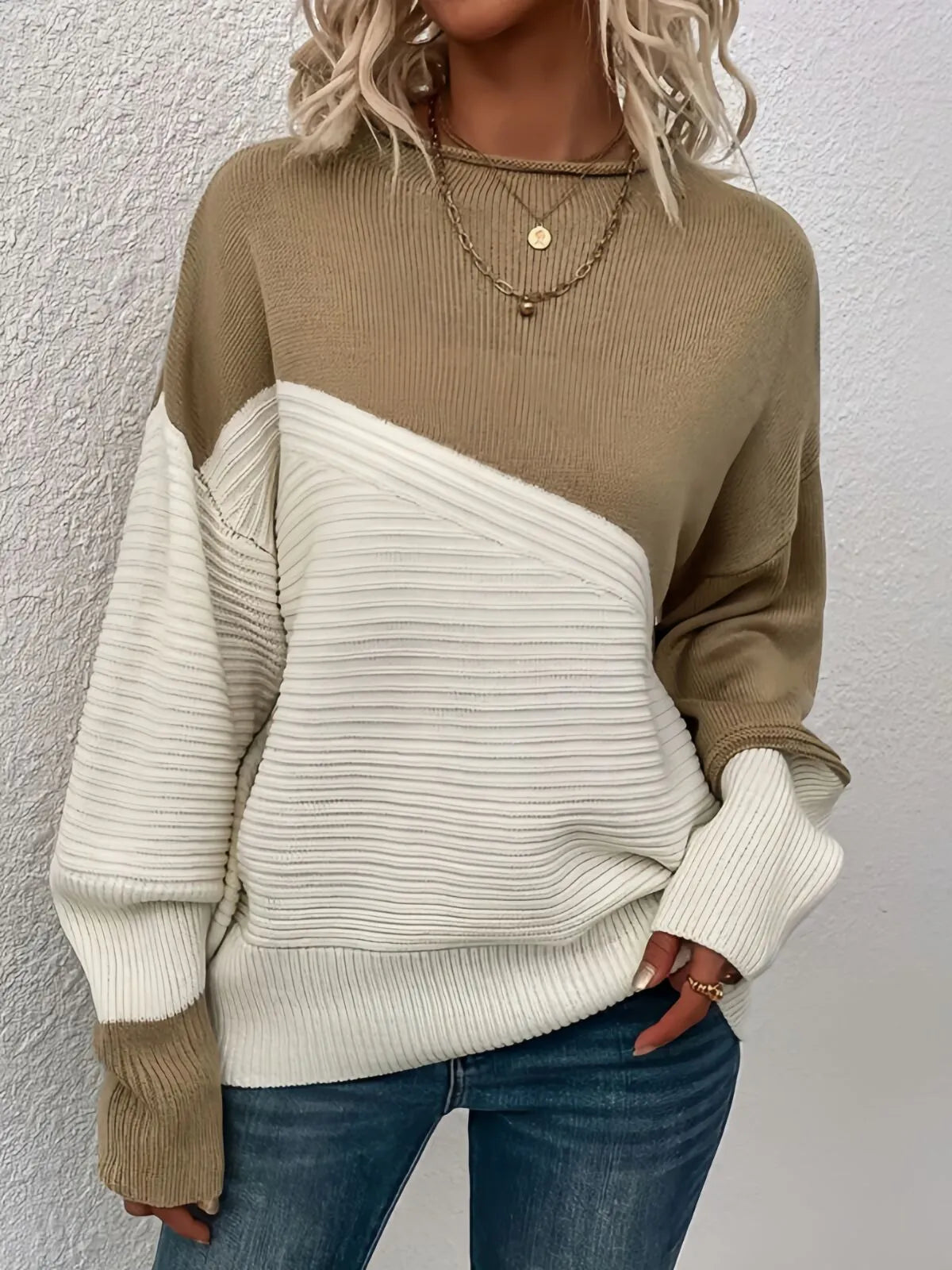 Colorblock Rib-knit Round Neck Drop Shoulder Knitwear Sweater