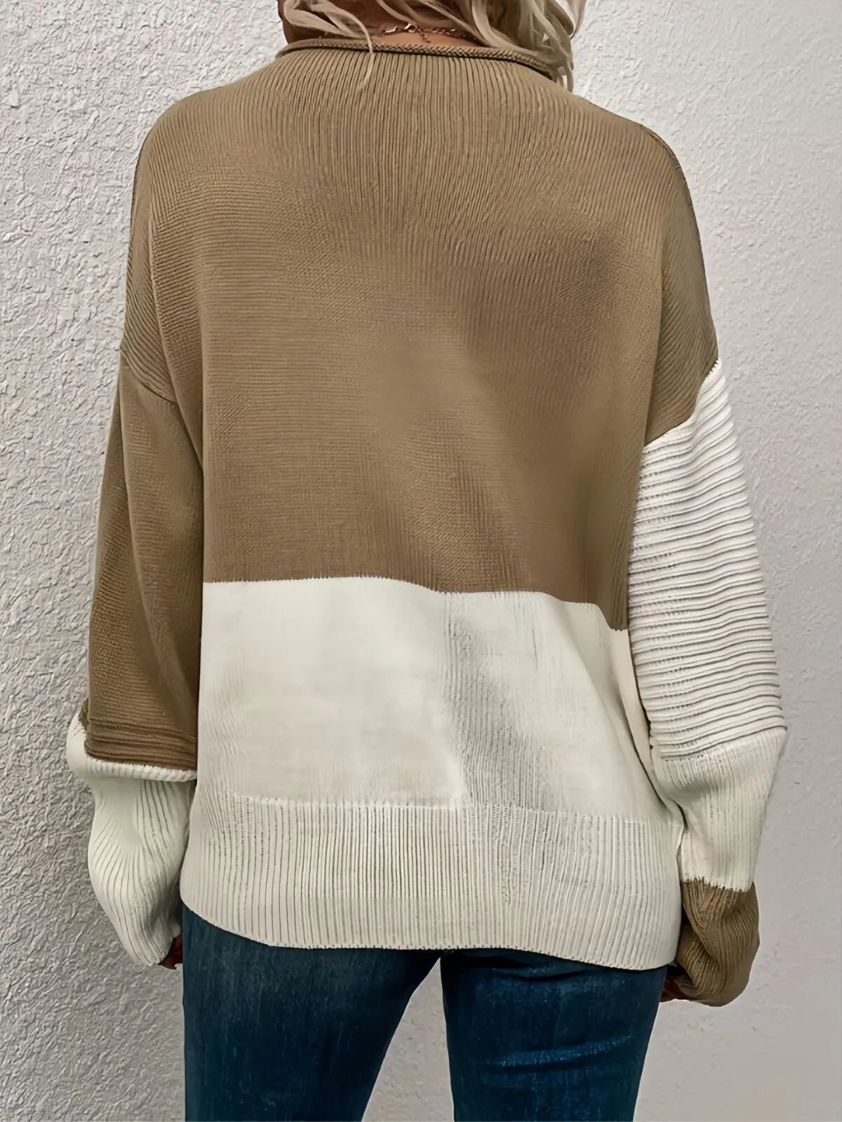 Colorblock Rib-knit Round Neck Drop Shoulder Knitwear Sweater