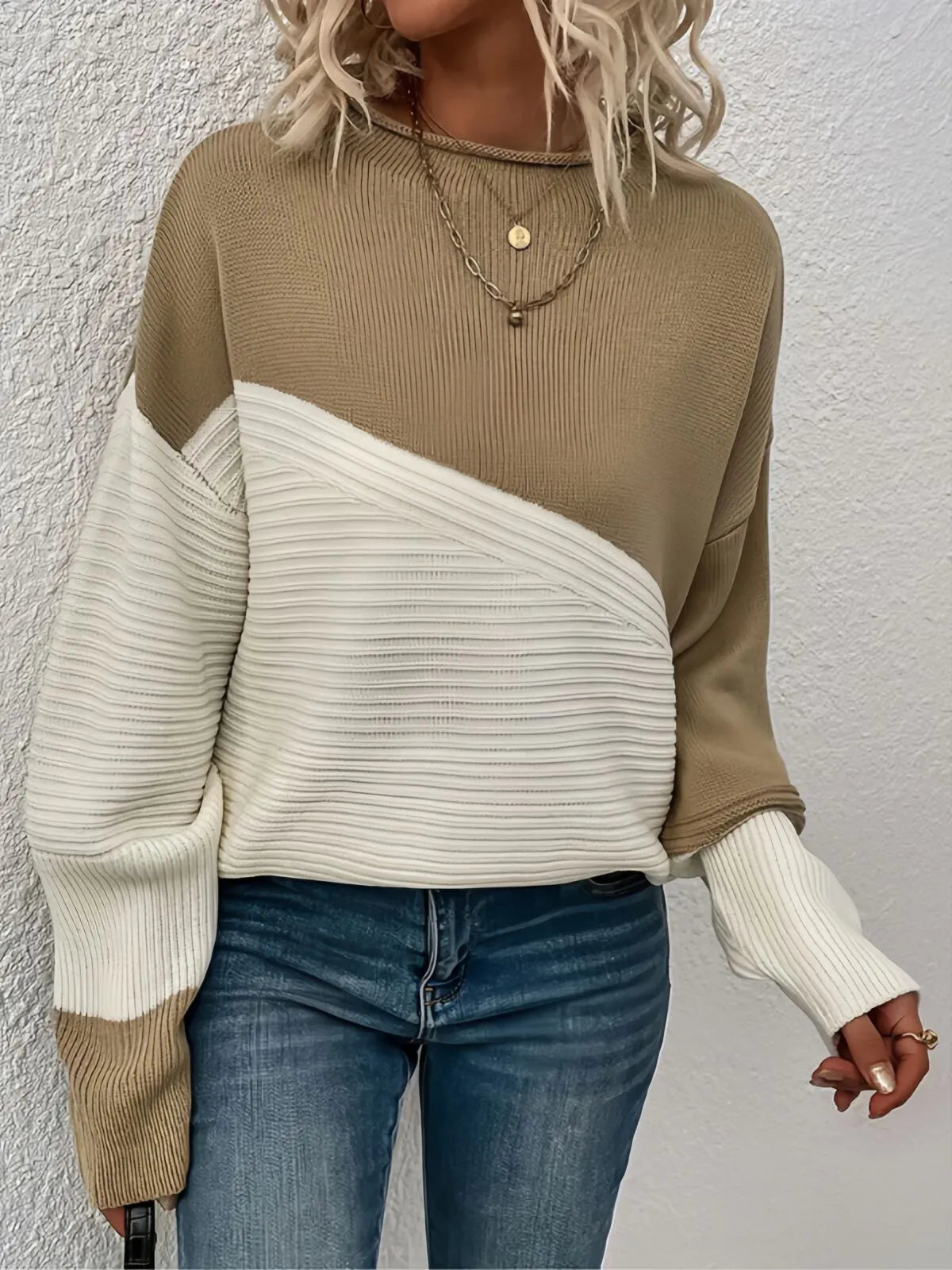Colorblock Rib-knit Round Neck Drop Shoulder Knitwear Sweater