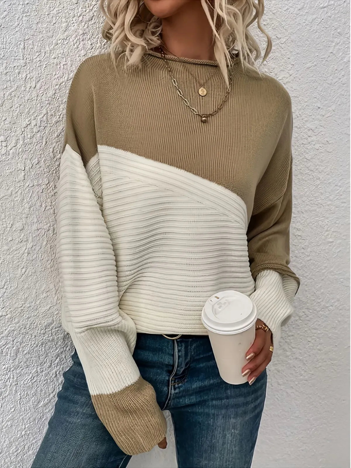 Colorblock Rib-knit Round Neck Drop Shoulder Knitwear Sweater