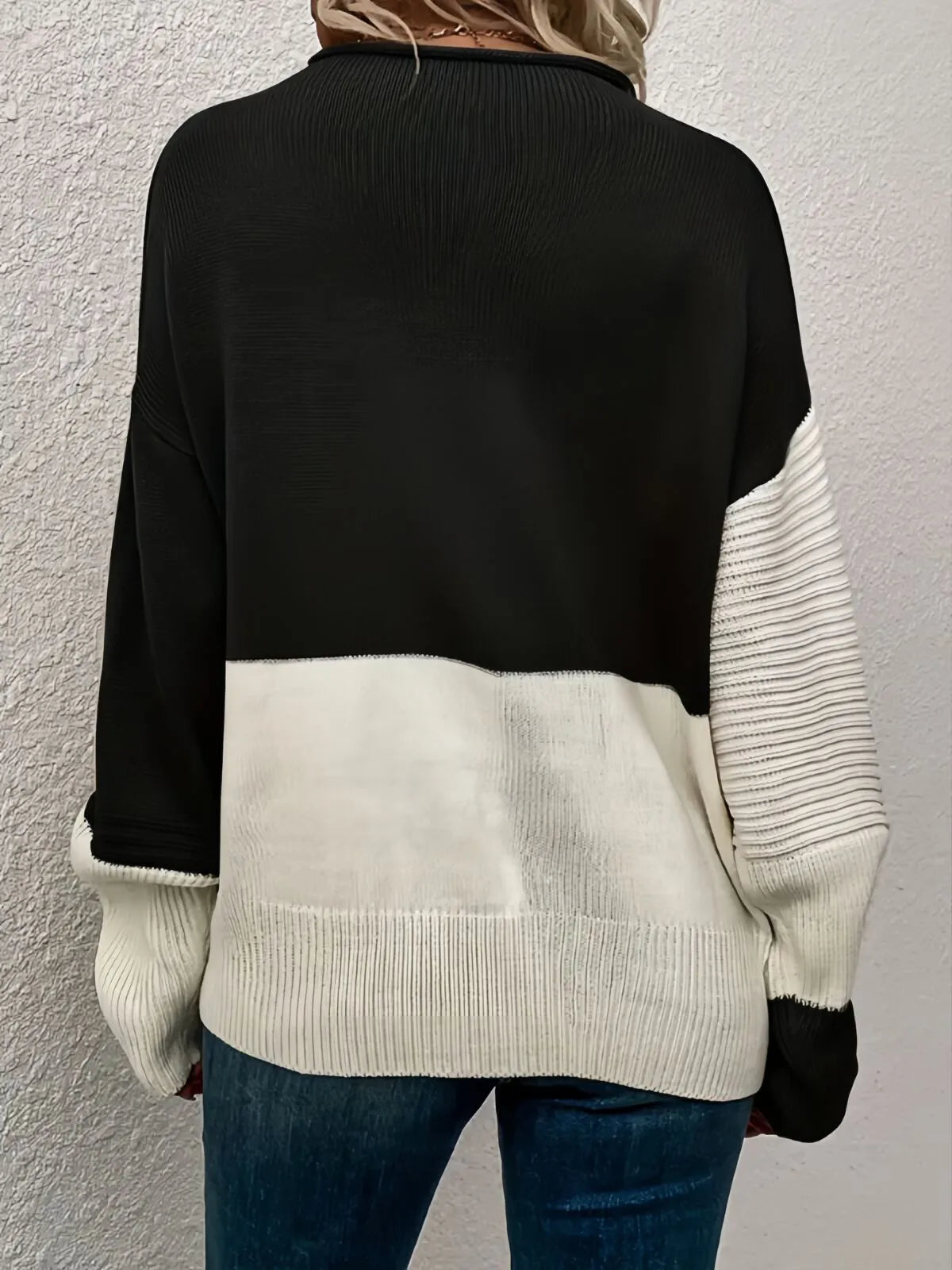 Colorblock Rib-knit Round Neck Drop Shoulder Knitwear Sweater