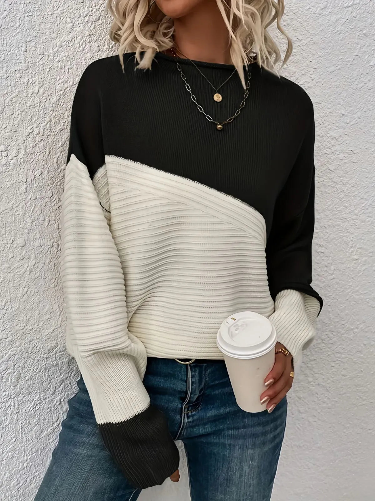 Colorblock Rib-knit Round Neck Drop Shoulder Knitwear Sweater