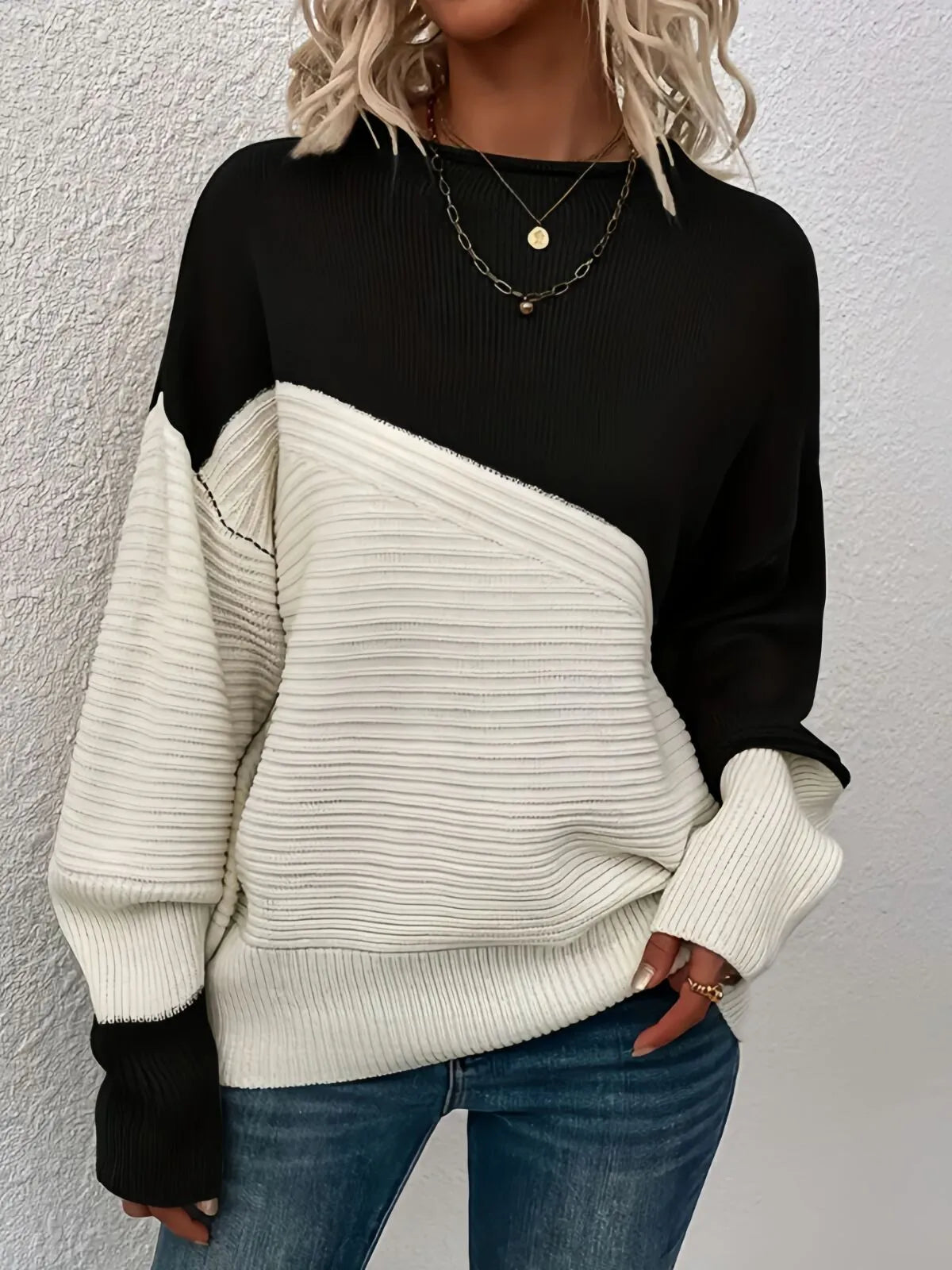 Colorblock Rib-knit Round Neck Drop Shoulder Knitwear Sweater