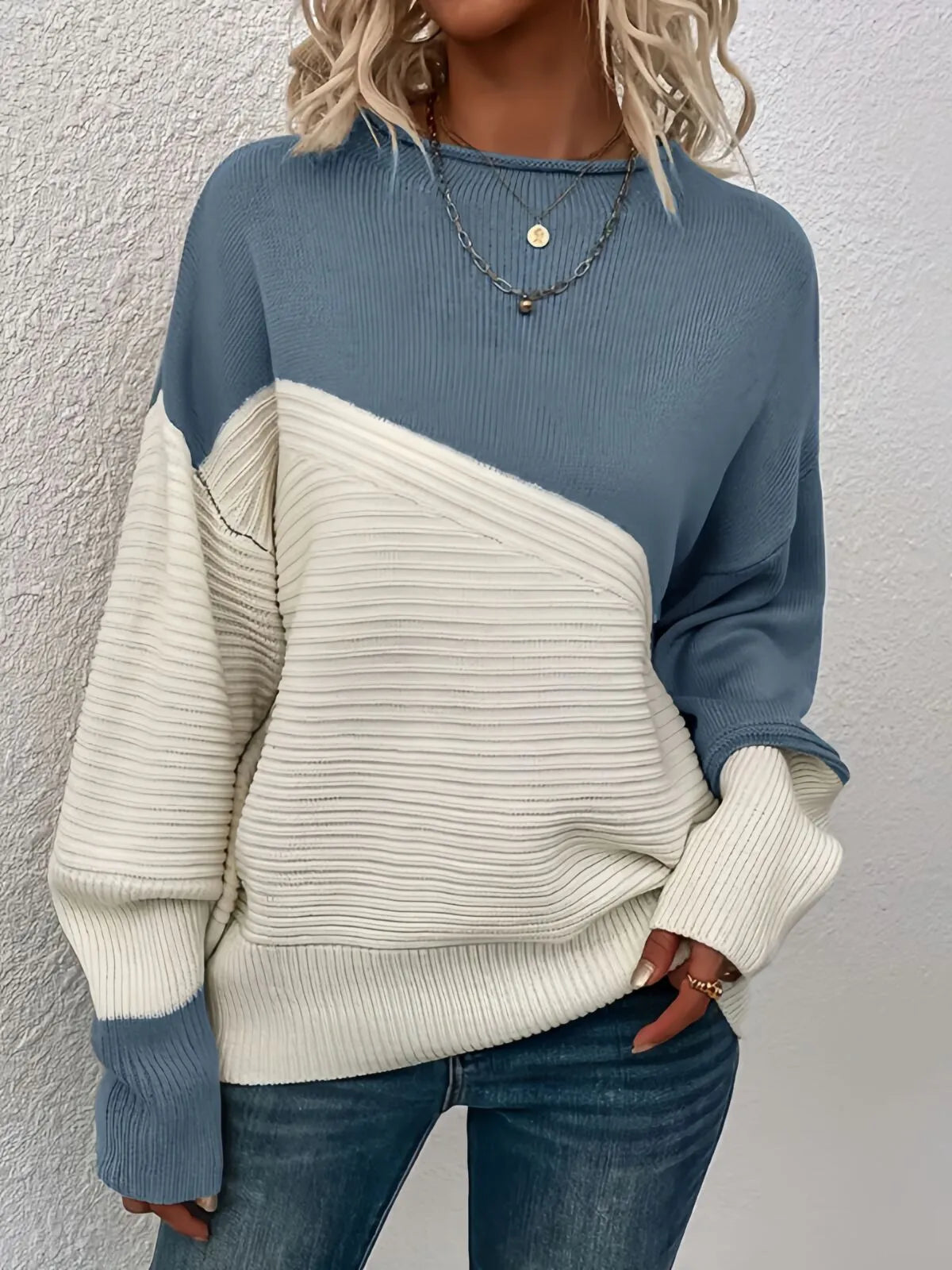 Colorblock Rib-knit Round Neck Drop Shoulder Knitwear Sweater