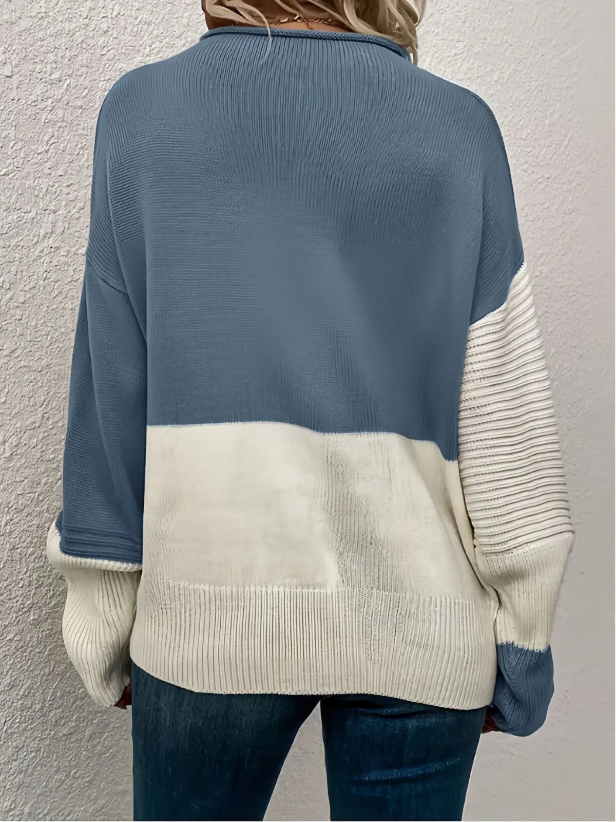 Colorblock Rib-knit Round Neck Drop Shoulder Knitwear Sweater