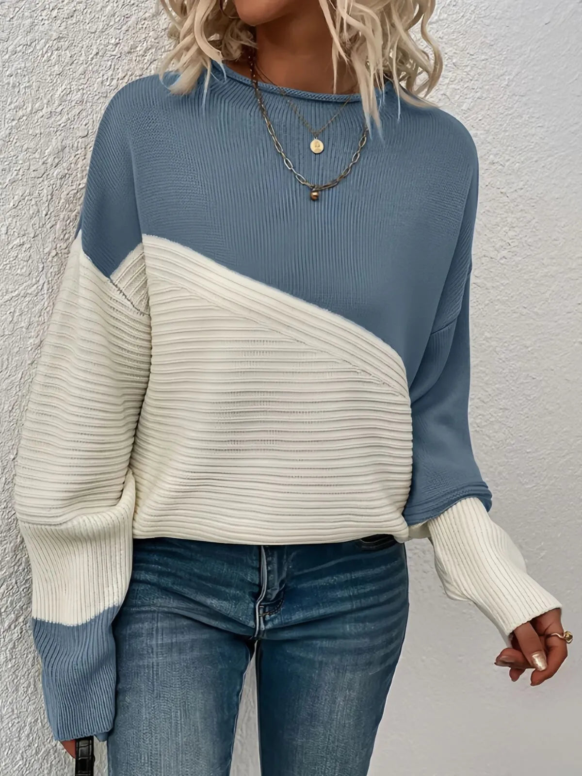 Colorblock Rib-knit Round Neck Drop Shoulder Knitwear Sweater