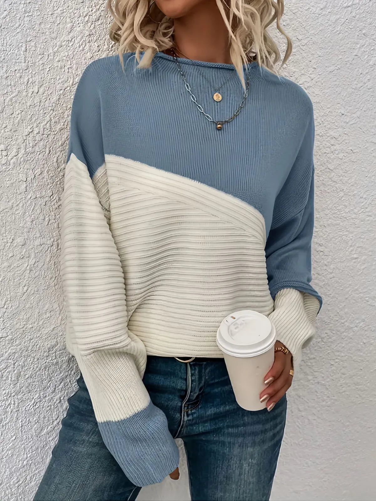 Colorblock Rib-knit Round Neck Drop Shoulder Knitwear Sweater