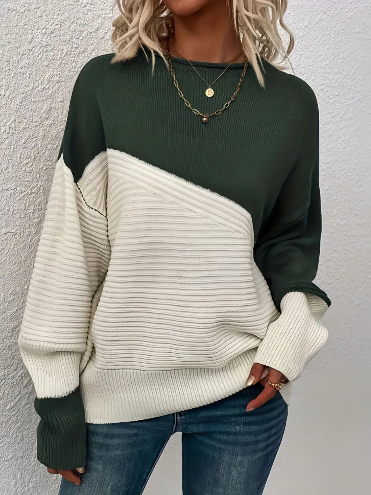 Colorblock Rib-knit Round Neck Drop Shoulder Knitwear Sweater