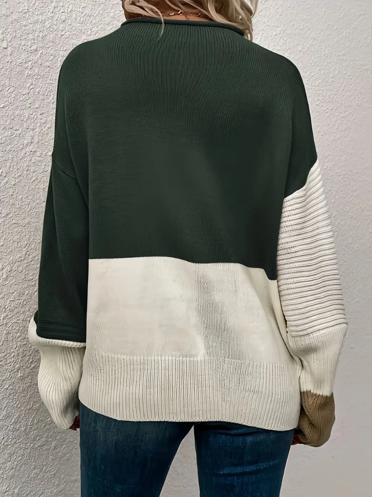 Colorblock Rib-knit Round Neck Drop Shoulder Knitwear Sweater