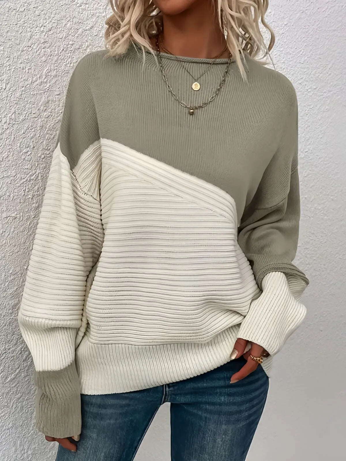 Colorblock Rib-knit Round Neck Drop Shoulder Knitwear Sweater