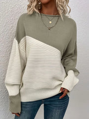 Colorblock Rib-knit Round Neck Drop Shoulder Knitwear Sweater